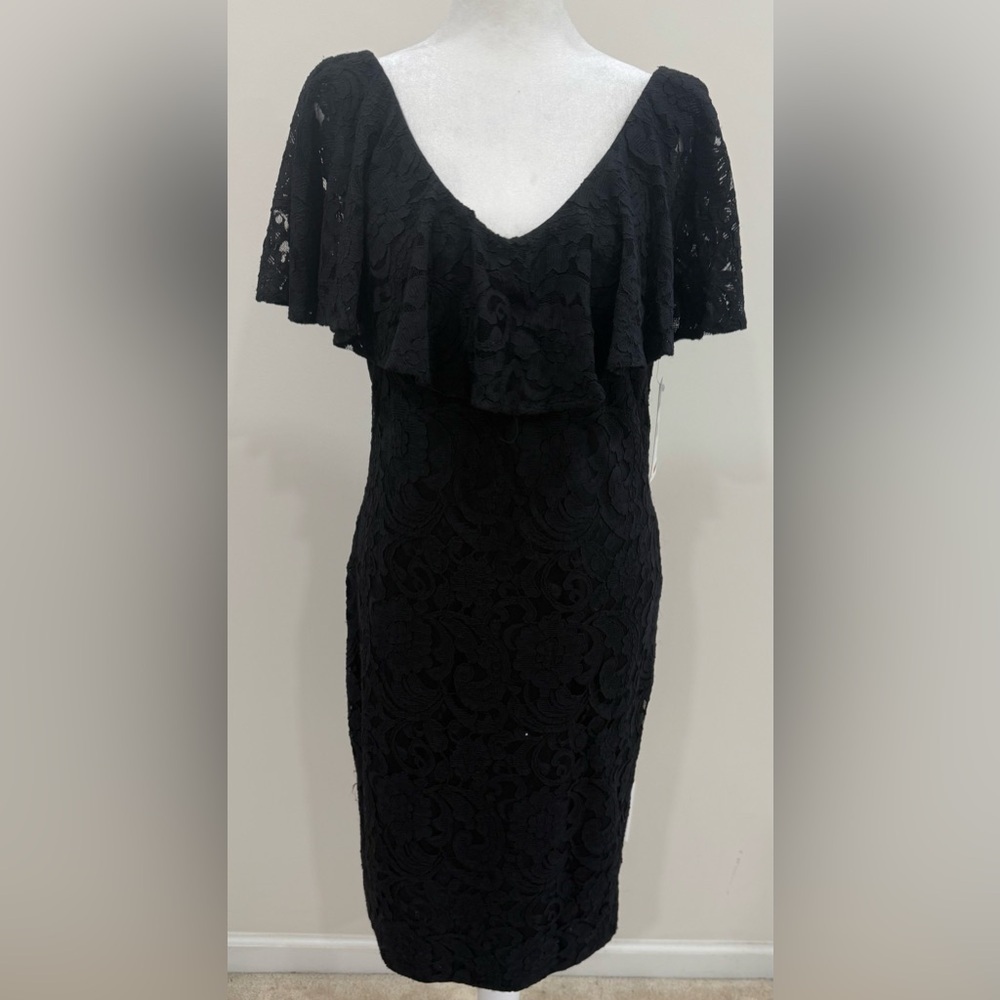 NWT Ralph Lauren Women's Cocktail Dress Size 6 Black Lace Ruffled V-Neck Sheath